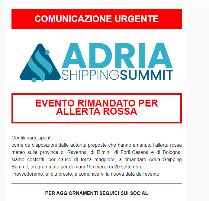 ANNULLATO ADRIA SHIPPING SUMMIT, EVENTO PREVISTO A RAVENNA IL 19 E 20 PROSSIMI