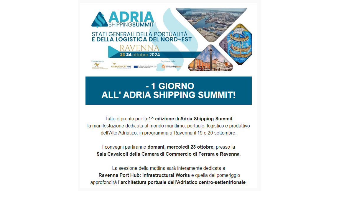 - 1 giorno all'Adria Shipping Summit
Tutto è pronto per la prima edizione della manifestazione che si terrà a Ravenna il 23 e 24 ottobre 2024